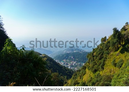 Arial View of Dharamshala, Triund Hill, Indrahar Pass Trail, Dauladhar Range, Himachal Pradesh, India Royalty-Free Stock Photo #2227168501