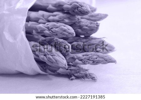 Digital Lavender Color of the Year 2023. Fresh raw asparagus in the paper bag. Photo is toned of 2023 trendy color.