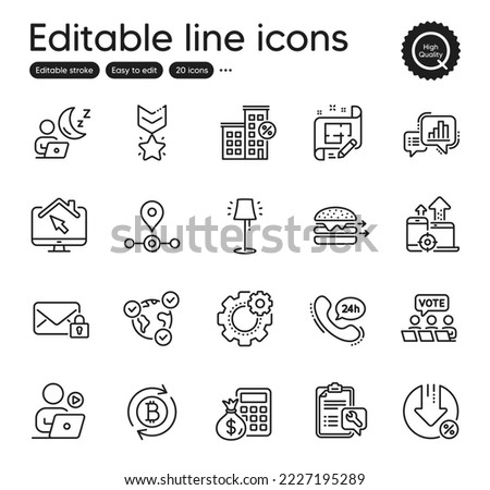 Set of Technology outline icons. Contains icons as Stand lamp, Finance calculator and Refresh bitcoin elements. Graph chart, Architect plan, Loan percent web signs. Winner medal. Vector