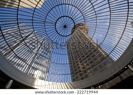 Looking up at Harbour Centre through glass domed roof, Vancouver, BC, Canada