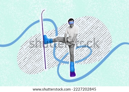 Creative collage image of overjoyed carefree black white gamma guy have fun skiing isolated on drawing background