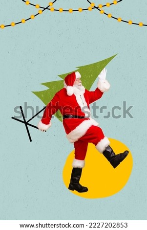 Vertical collage picture of cool santa claus carry hold drawing xmas tree walk isolated on creative background