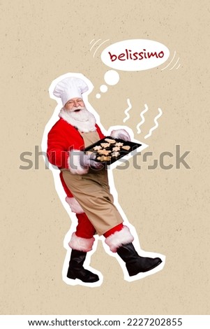 Vertical creative collage picture of funky grandfather santa walk hold yummy newyear cookie tray belissimo isolated on drawing background