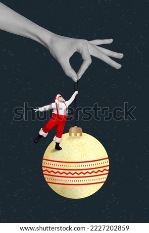 Vertical creative photo collage illustration of positive carefree santa claus dancing on ball toy isolated on blue color background