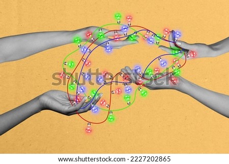 Collage 3d image of pinup pop retro sketch of arms holding decorating together xmas garland isolated painting background