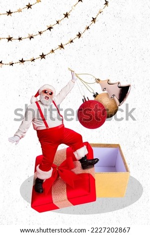 Vertical collage picture of mini grandfather santa stand opened box arm hold big baubles balls toys isolated on painted background