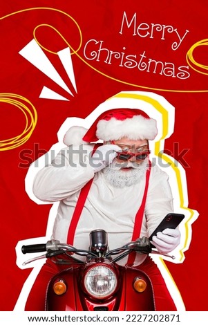 Vertical collage x-mas picture of impressed aged santa sit moped bike stare telephone merry christmas text isolated on painted background