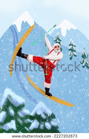 Vertical creative photo collage illustration of funny positive carefree good mood santa claus skiing resort mountains on background
