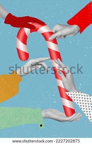 Photo artwork minimal picture of arms sharing together holding big huge x-mas candy cane isolated drawing background