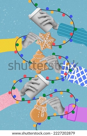 Artwork magazine picture of arms enjoying x-mas gingerbreads drinking cacao isolated drawing background