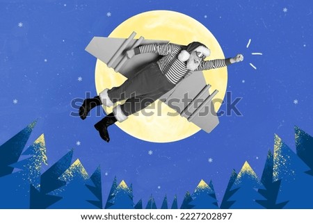 Exclusive magazine picture sketch image of excited cool santa flying fast hurrying deliver xmas gifts isolated painting background