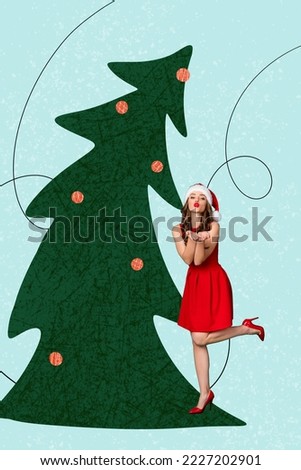 Vertical creative collage picture of gorgeous girl arms send air kiss you painted decorated newyear tree isolated on drawing background