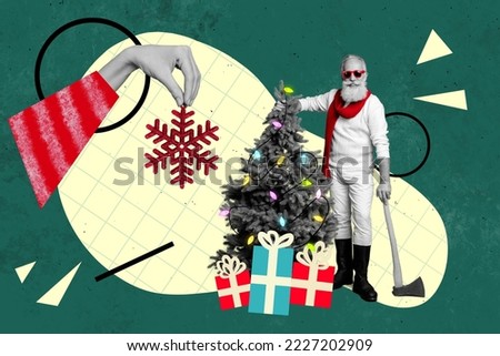 Creative collage of bog arm black white gamma hold snowflake tree toy mini grandfather hold ax newyear tree isolated on drawing background
