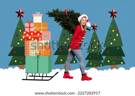 Artwork magazine picture of smiling lady delivering x-mas fir presents isolated drawing background