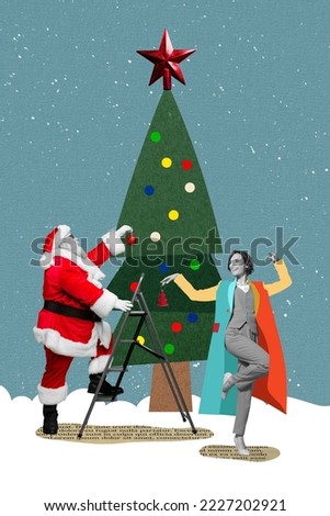 Creative 3d photo artwork graphics painting of smiling lady santa decorating x-mas fir garland isolated drawing background