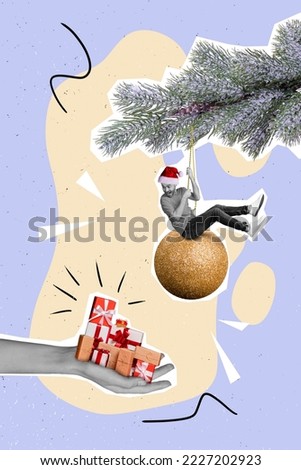 Vertical collage picture of excited funky mini guy hang tree bauble toy look big arm hold pile stack giftbox isolated on painted background