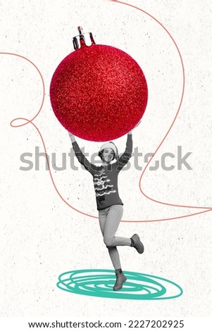 Vertical collage image of positive girl black white gamma arms hold huge xmas tree bauble toy isolated on drawing background