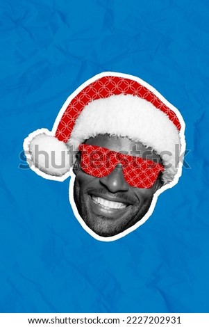 Vertical collage picture of black white effect guy head toothy smile santa hat sunglass isolated on creative blue background
