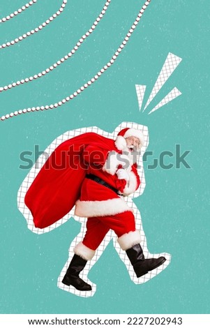 Vertical collage picture of aged shocked santa claus carry big sack walking isolated on creative background