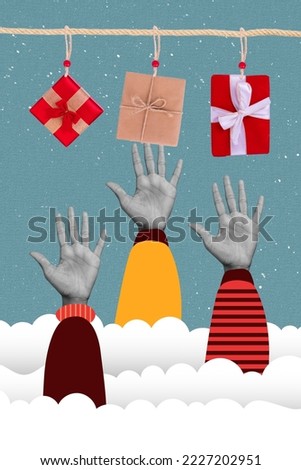 Photo cartoon comics sketch picture of arms growing snow catching hanging xmas presents isolated drawing background