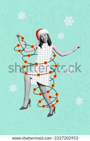 Vertical collage of positive cool girl black white effect have fun dancing clubbing painted garland illumination isolated on drawing background