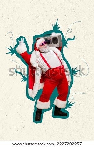 Vertical collage image of excited overjoyed santa black white gamma carry boombox dance isolated on painted festive background