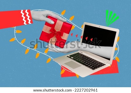 Creative 3d photo artwork graphics painting of arms buying x-mas gifts modern device isolated drawing background