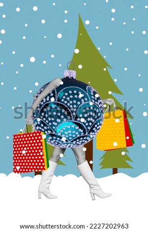 Photo artwork minimal picture of funny funky lady x-mas ball instead of body holding shoppers isolated drawing background