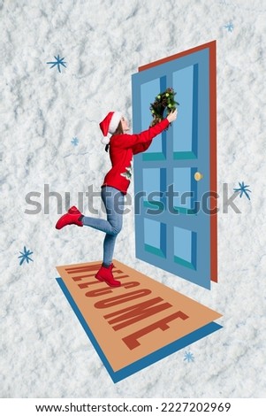 Collage artwork graphics picture of excited smiling lady putting xmas wreath house entrance isolated painting background