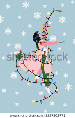 Creative 3d photo artwork graphics painting of smiling charming lady tangled x-mas garland dancing garland isolated drawing background