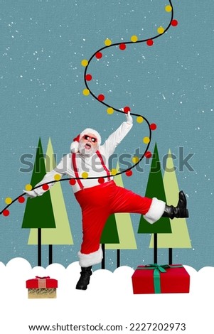 Creative abstract template graphics image of funky positive santa holding x-mas garland isolated drawing background