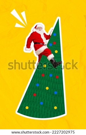 Vertical creative collage of excited funky grandfather santa climb newyear decorated tree isolated on yellow background