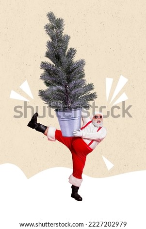 Vertical collage image of overjoyed excited grandfather santa hold xmas tree bucket isolated on creative background
