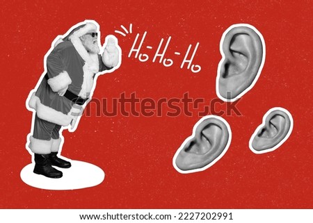 Creative collage picture of mini aged santa black white gamma say tell ho-ho-ho big ears listen isolated on red background