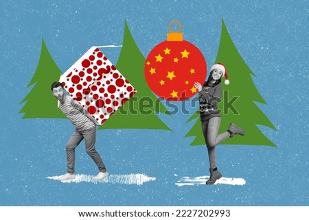 Photo artwork minimal picture of funky funny guy lady putting gift x-mas bauble garland isolated drawing background
