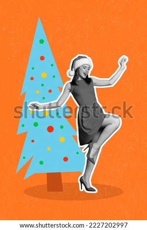 Vertical collage image of excited positive girl black white effect enjoy dancing clubbing painted newyear tree isolated on drawing background