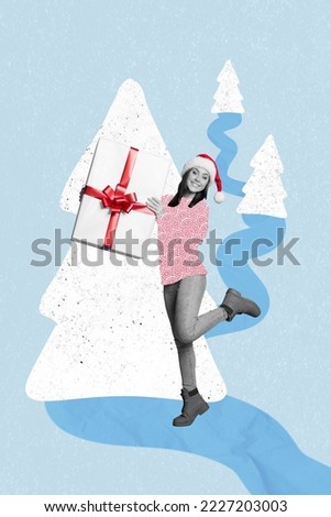Vertical creative collage picture of excited positive girl black white colors hands hold giftbox painted snowy tree silhouette