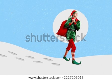 Creative collage picture of funky elf guy carry hold presents sack walking snow isolated on painted background