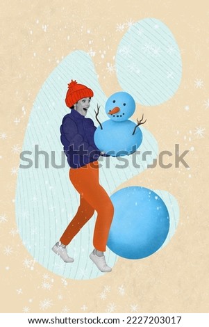 Vertical collage picture of excited positive girl hands hold male snowman isolated on drawing background