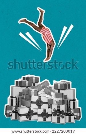 Vertical collage image of carefree excited guy jump diving big pile stack giftbox isolated on painted background
