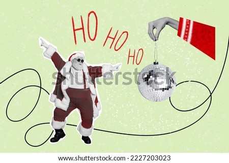 Creative photo collage illustration of positive satisfied santa claus dancing have fun arm hold disco ball on green color background