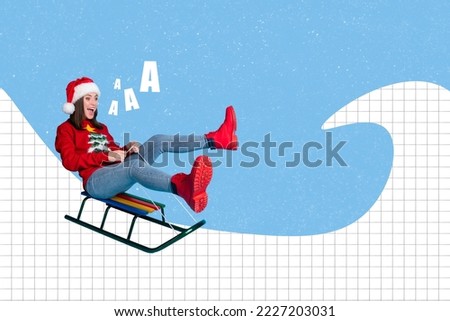Composite collage picture of overjoyed positive girl have fun ride sledge shout isolated on creative drawing background