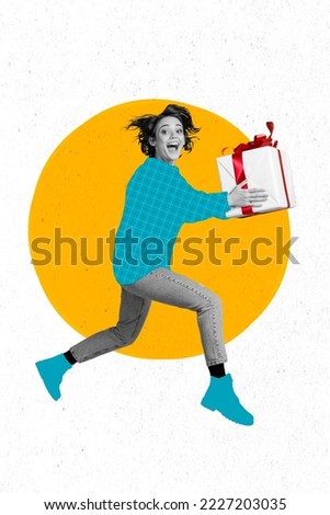 Vertical collage picture of excited overjoyed girl black white gamma jump run hands hold giftbox isolated on creative background