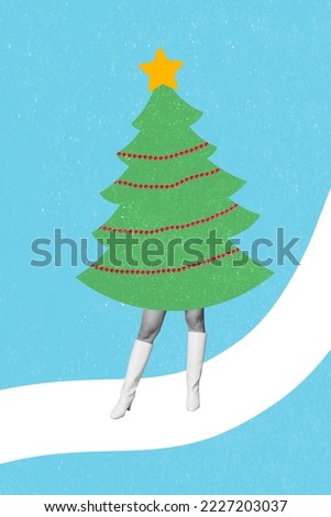 Vertical collage illustration of black white effect girl legs drawing xmas tree isolated on painted background