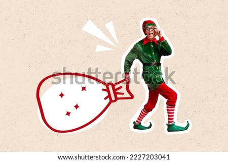 Creative collage of funky elf guy hand touch glasses carry painted presents sack isolated on drawing background