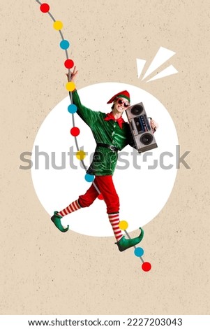 Vertical collage picture of excited funky elf guy walk hold boombox show v-sign x-mas garland decoration isolated on drawing background
