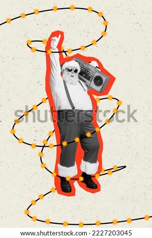 Vertical collage of excited aged santa claus black white colors hold boombox dance point finger garland lights isolated on painted background