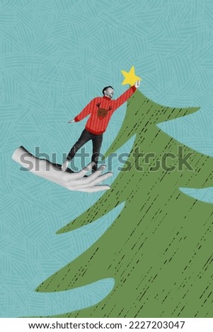 Vertical collage image of big black white effect arm palm hold little guy put star toy newyear tree top isolated on drawing background