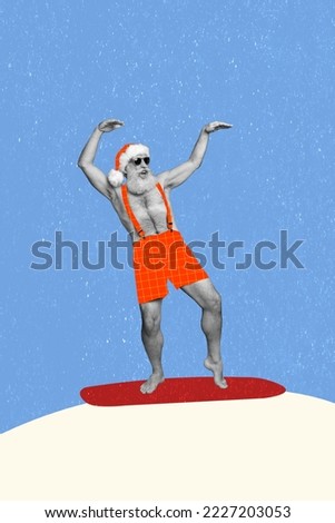 Vertical collage image of exited carefree grandfather black white gamma have fun ride snowboard isolated on painted background