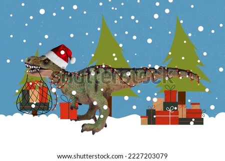 Collage artwork graphics picture of ancient dinosaur delivering xmas presents isolated painting background